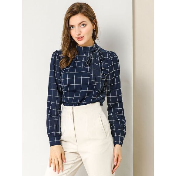 Bow Tie Neck Grid Checks Shirt Tops Blouses Navy Blue - Picture 2 of 6